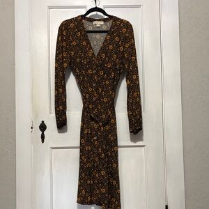 Michael Kors Floral Long Sleeve Dress in Brown and Orange